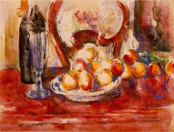 静物 Painting - 静物画 リンゴと瓶と椅子の背もたれ ポール・セザンヌ